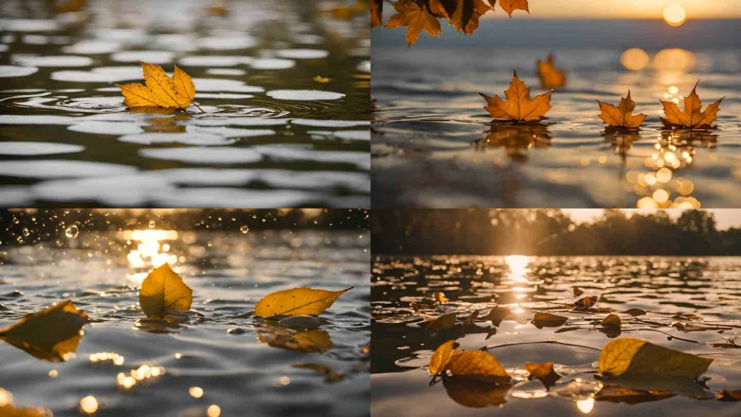 夕阳下金色湖面上飘着叶子