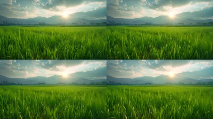 清晨阳光下的绿色稻田