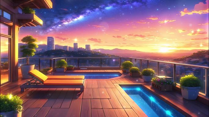 4K卡通动漫动画度假豪华酒店泳池顶层背景