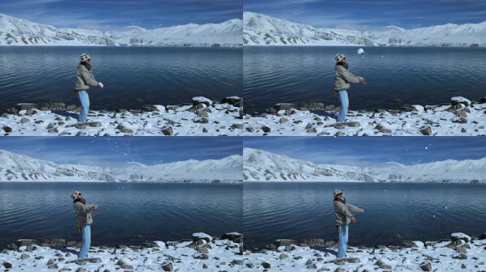 （慢镜）雪山湖泊蓝天白云美女向天空撒雪