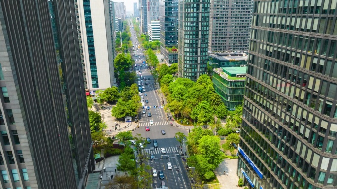 航拍延时春天阳光成都高新区天府三街风景