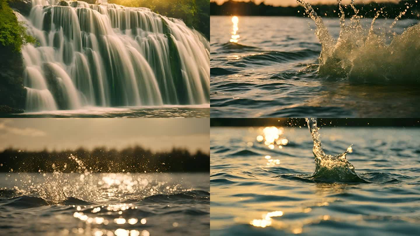夕阳下的湖面瀑布