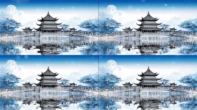 中式建筑月光背景夜晚