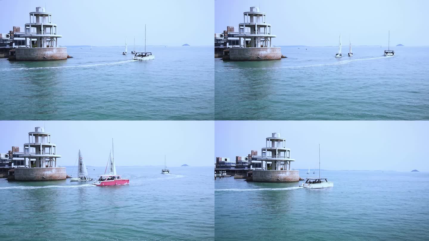 视频素材.厦门香山码头往来的电动帆船