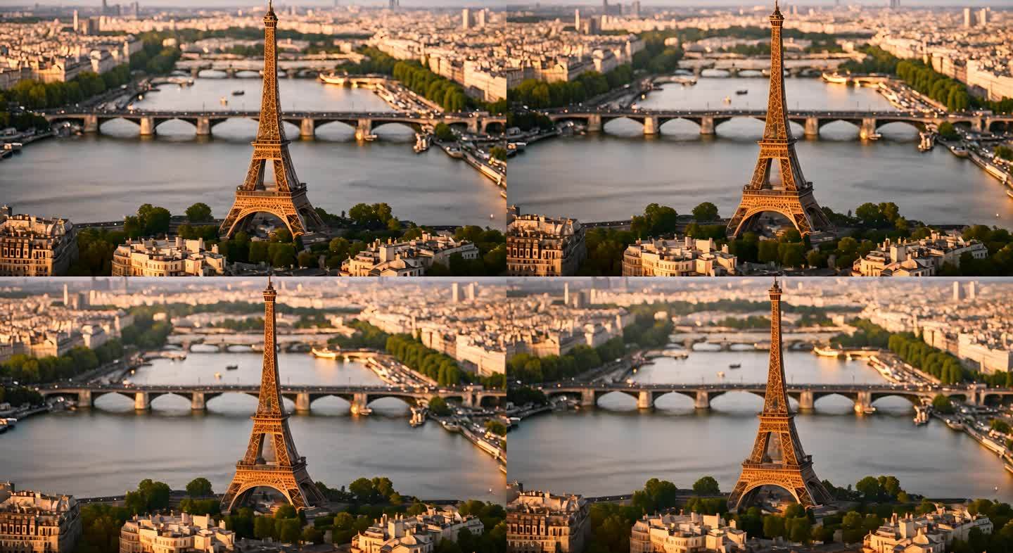 空中巴黎近景巴黎之旅埃菲尔铁塔塞纳河日落