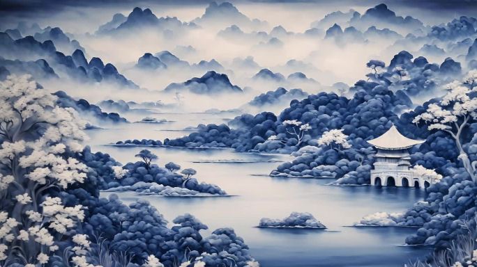 青花瓷 水墨  山水画 古风 舞台背景