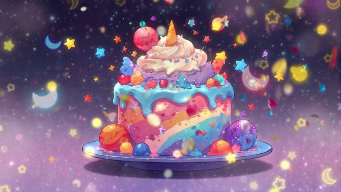4K唯美梦幻卡通动画蛋糕生日派对可爱背景