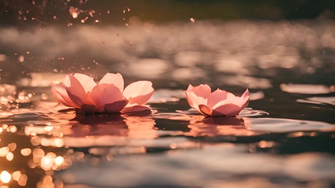 花瓣飘在金色湖面上