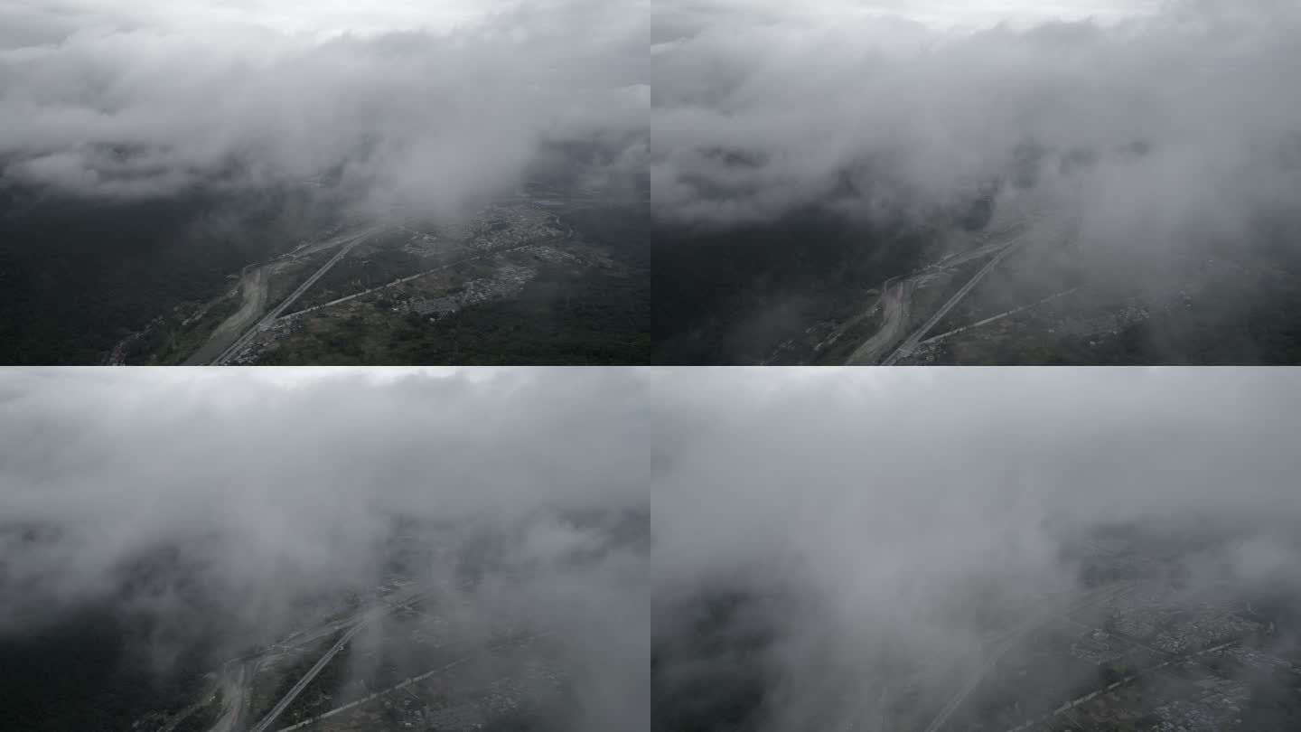 高山森林云雾下神秘的公路航拍推镜头