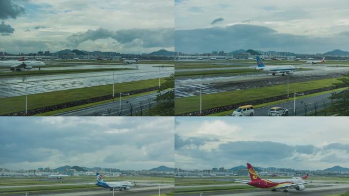 机场跑道头飞机排队起飞延时摄影