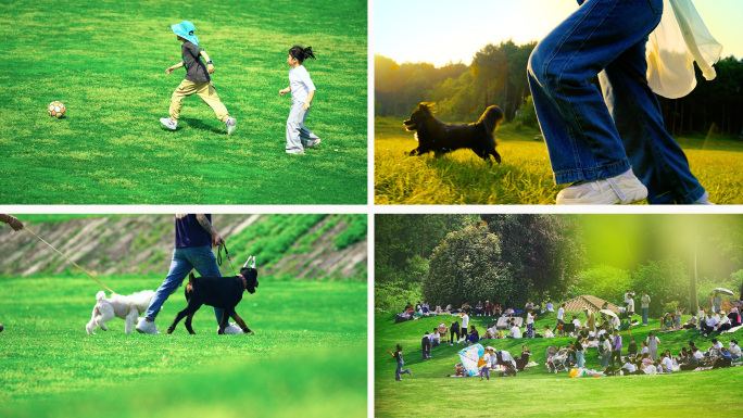公园人群-幸福生活-踏青草地游玩放松快乐