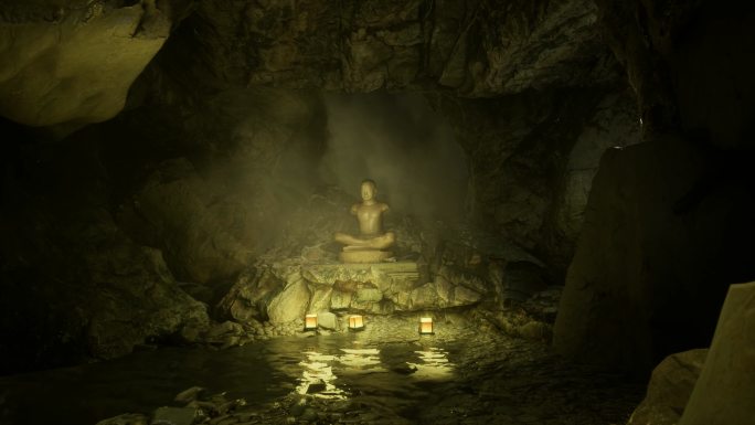 神秘洞窟内溪流和佛像场景