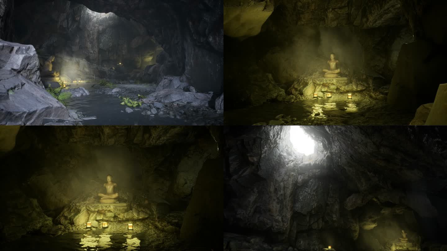 神秘洞窟内溪流和佛像场景