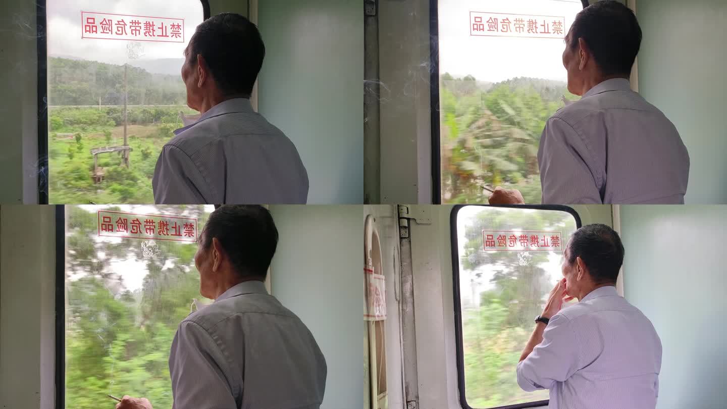 火车上吸烟的男子列车窗口思考的车上吸烟区
