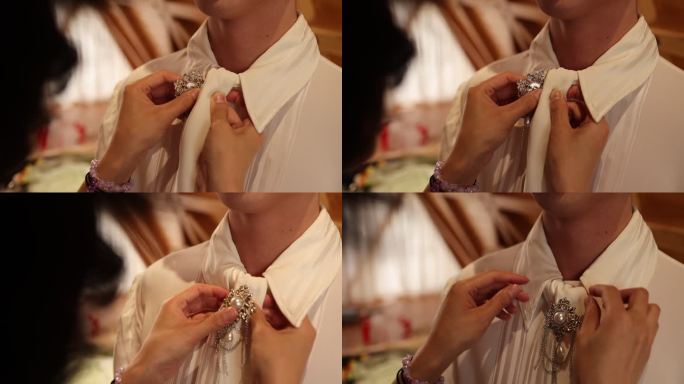 婚礼新郎穿衣礼服佩戴男士胸针装饰白色衬衣