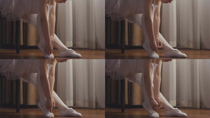 女人舞蹈练习室系鞋带