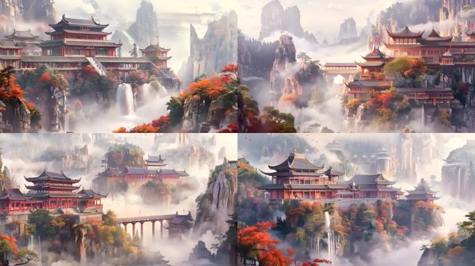 中国古风意境仙境山水建筑背景
