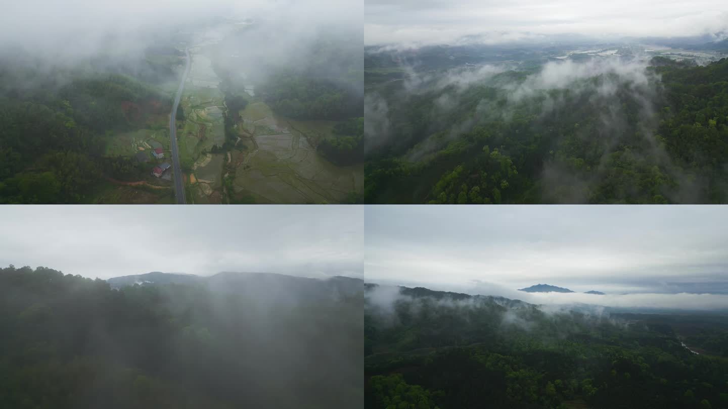 雨后农村群山雾气大美山河航拍延时