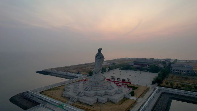 天津滨海妈祖文化园妈祖雕像日出日落航拍