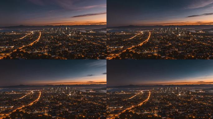 洛杉矶市区日落至夜晚的天际线