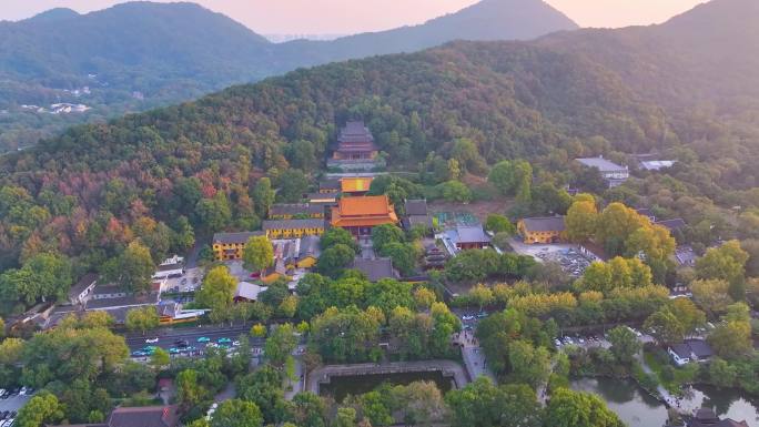 杭州西湖区净慈禅寺航拍唯美大自然风光群山