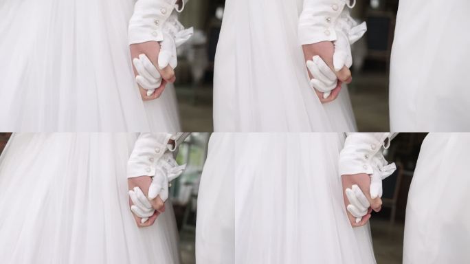 户外婚礼新郎新娘白色婚纱礼服牵手婚姻爱情
