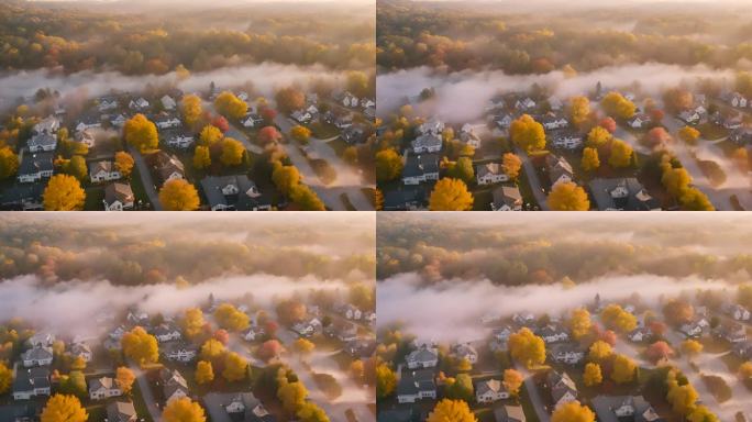 路易斯维尔郊区居民区秋季中的雾蒙蒙的早晨