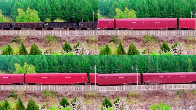 中国铁路 航拍火车 火车道绿化 火车运货