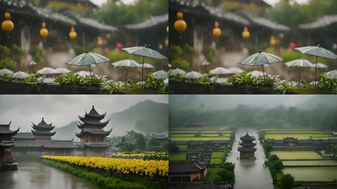 日本寺庙田园烟雨风光