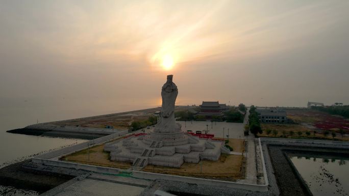 天津滨海妈祖文化园妈祖雕像日出日落航拍