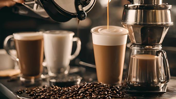 咖啡馆员工咖啡师用鲜奶油准备咖啡饮料