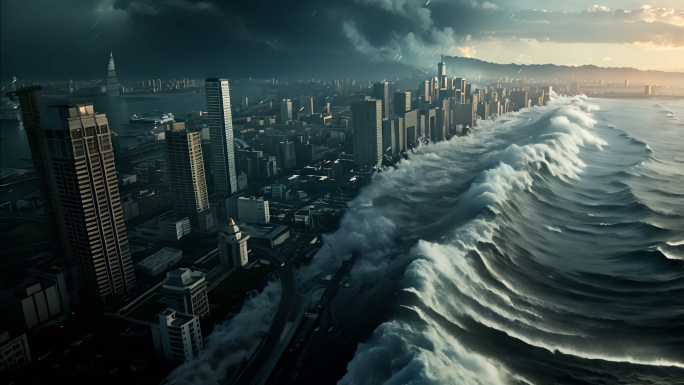 巨大海啸冲击淹没城市 4K
