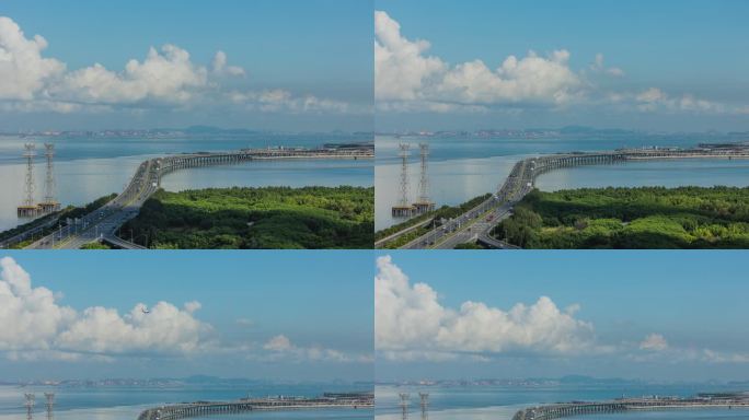 广深沿江高速公路清晨车流与海上高压电塔