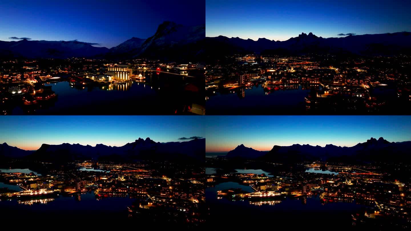 4K航拍挪威斯沃尔维尔城市夜景风光