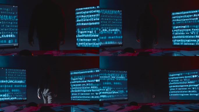 男人黑暗房间乱码电脑屏幕前行背影