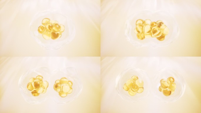 金色分裂的透明细胞生物科技概念3D渲染