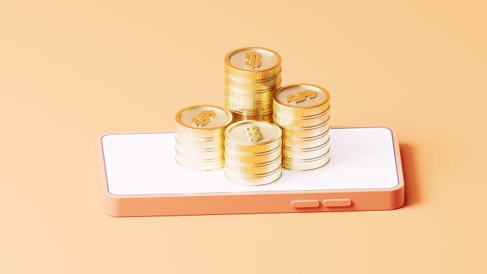 手机上的金币投资理财概念三维渲染