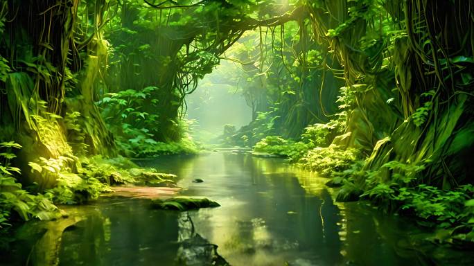 森林深处小溪潺潺流过树木葱郁水声清脆场景