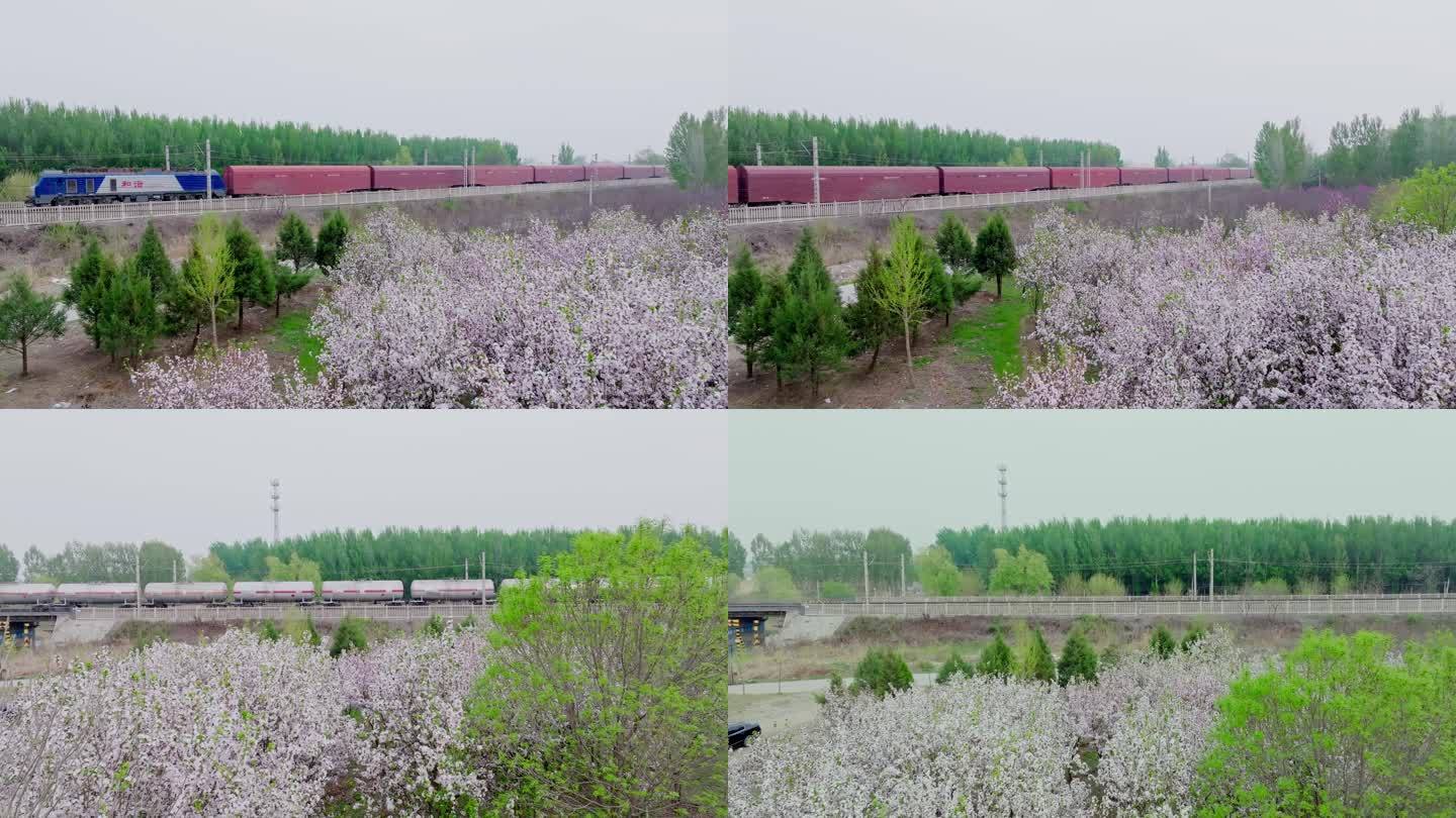 中国铁路和谐号货运火车 航拍春天的火车