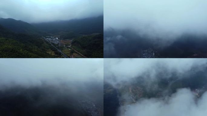 浙江宁波村落下雨穿云航拍