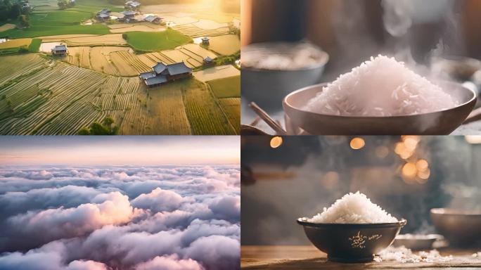 米饭稻谷田野丰收粮食冒气水稻大米热气