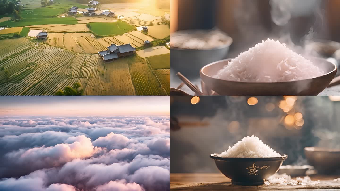 米饭稻谷田野丰收粮食冒气水稻大米热气