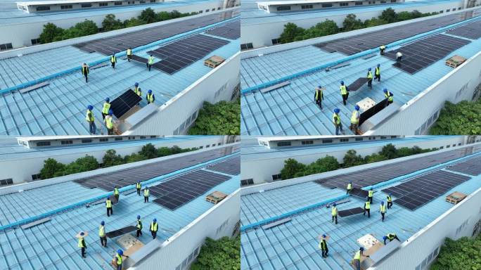 工人安装太阳能发电板