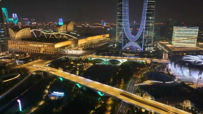 杭州城市地标风景夜晚夜景航拍风光美景浙江