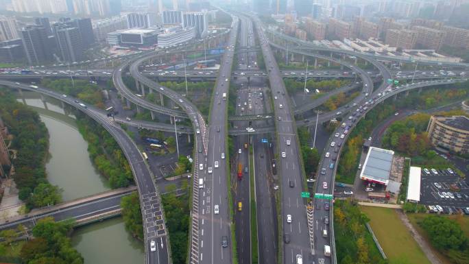 杭州上城区石德立交桥高架桥车流风景视频素