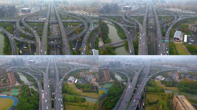 杭州上城区石德立交桥高架桥车流风景视频素