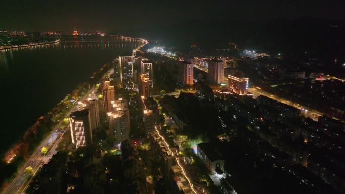 浙江杭州钱塘江上城区夜晚夜景航拍车流交通