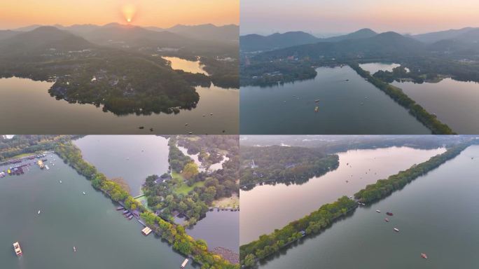 唯美夕阳西下杭州西湖苏堤航拍美景大自然风