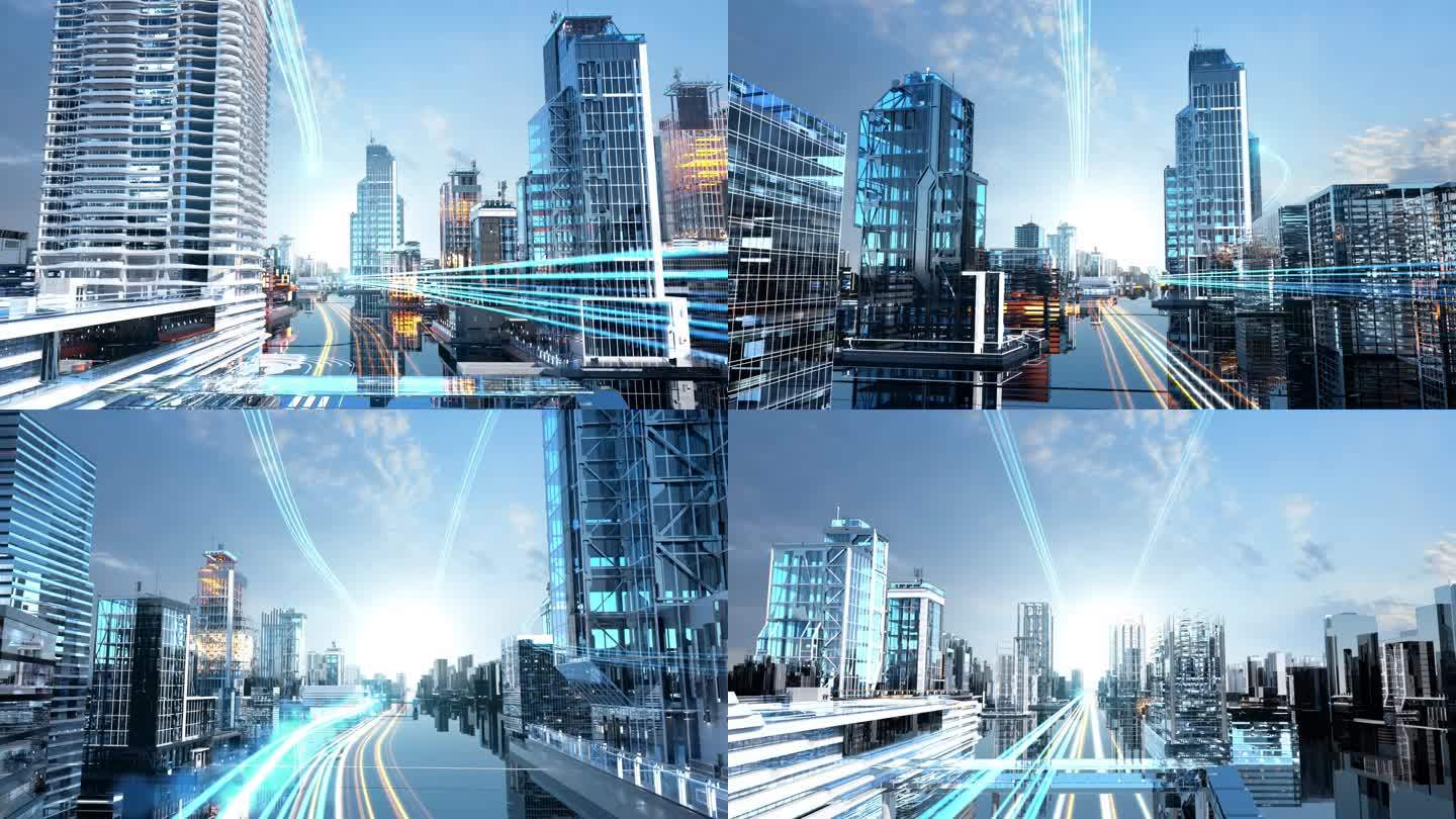 科技城市三维全息建筑城市生长穿梭动画