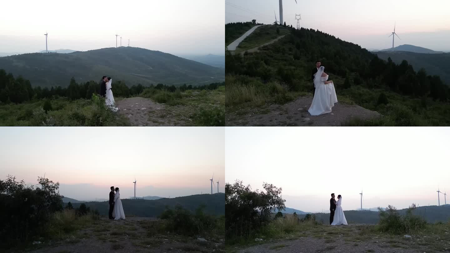 4K-年轻情侣在美丽的山坡穿婚纱许下誓言